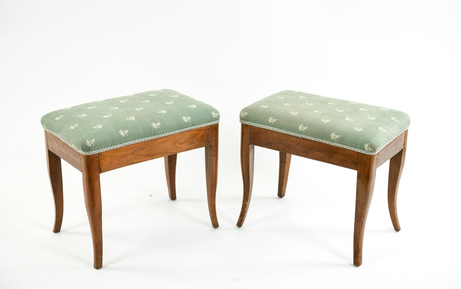 PAIR OF ANTIQUE CABRIOLE LEG BENCHES: Dimensions: H 18" x W 20" x D 13" Condition: Scratches, dents and chips to finish. Light wear to upholstery.
