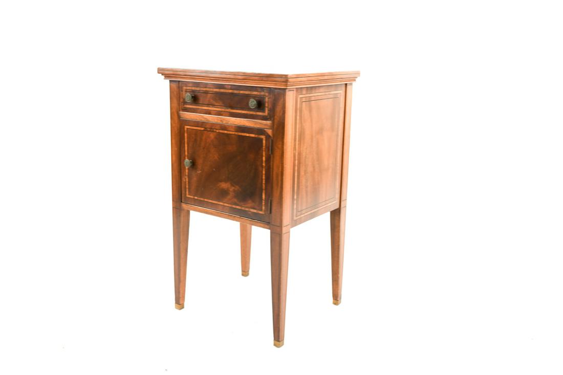 INLAID MAHOGANY SIDE TABLE: Dimensions: H 30" x W 18" x D 15" Condition: Scratches, scuffs, and repairs.