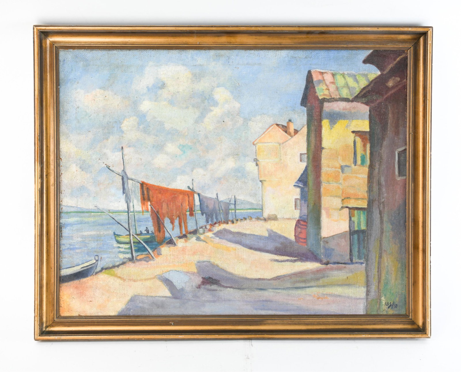 DANISH OIL ON BURLAP, DATED 1937: Signed and dated lower right, US, '37 Dimensions: (Frame) H 28" x W 35.5", (Sight) H 24.25" x W 31.5" Condition: Surface dirt, crazing, and losses. Nail from verso penetrating through front of frame. 