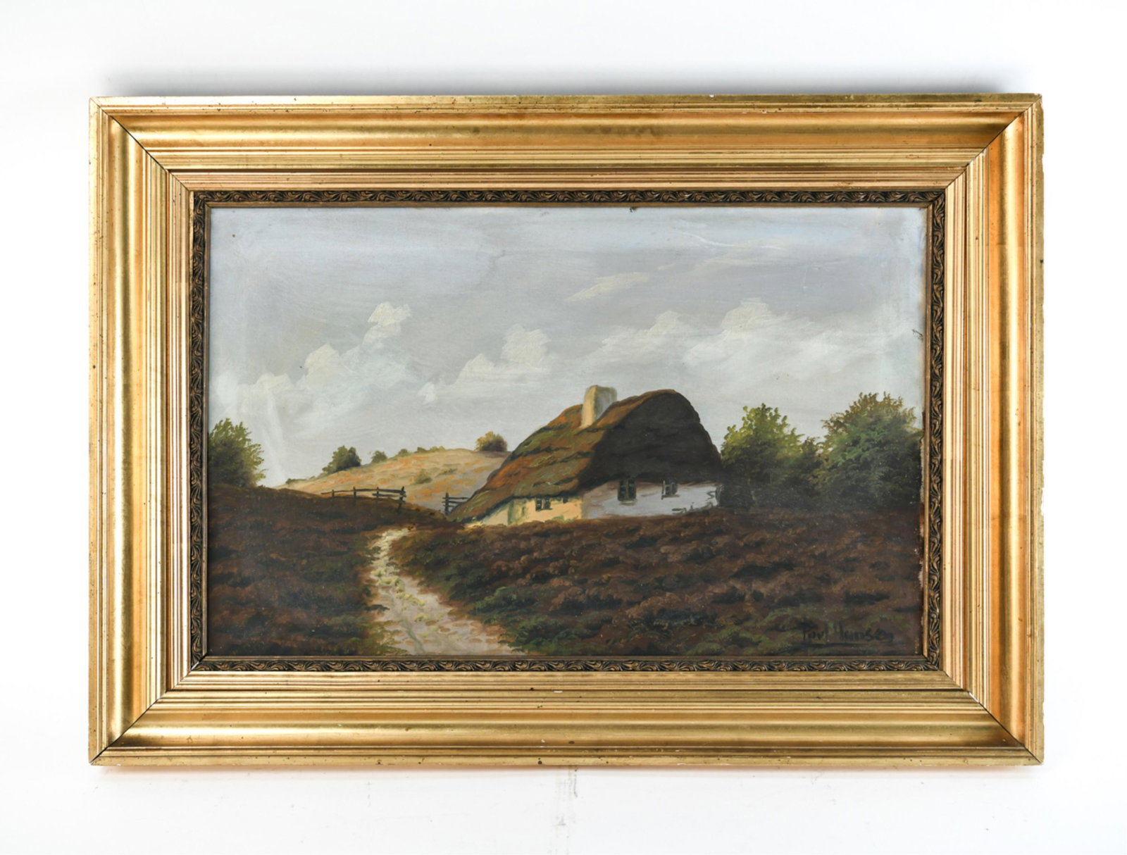 POUL HANSEN, DANISH OIL / CANVAS: Signed lower right. Dimensions: (Frame) H 25" x W 35.5", (Sight) H 17.25" x W 27.5" Condition: Surface dirt including stray marks and wear to edges. Handling wear including dings and marks to frame. H