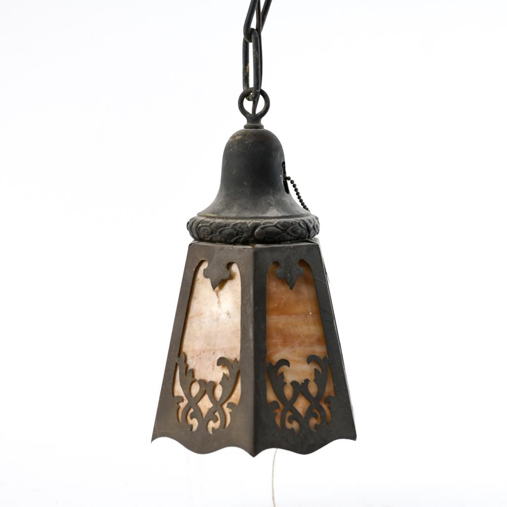 ARTS AND CRAFTS PENDANT LAMP: Dimensions: H 10.25" x D 6.5 Condition: Surface dirt. Signs of use.