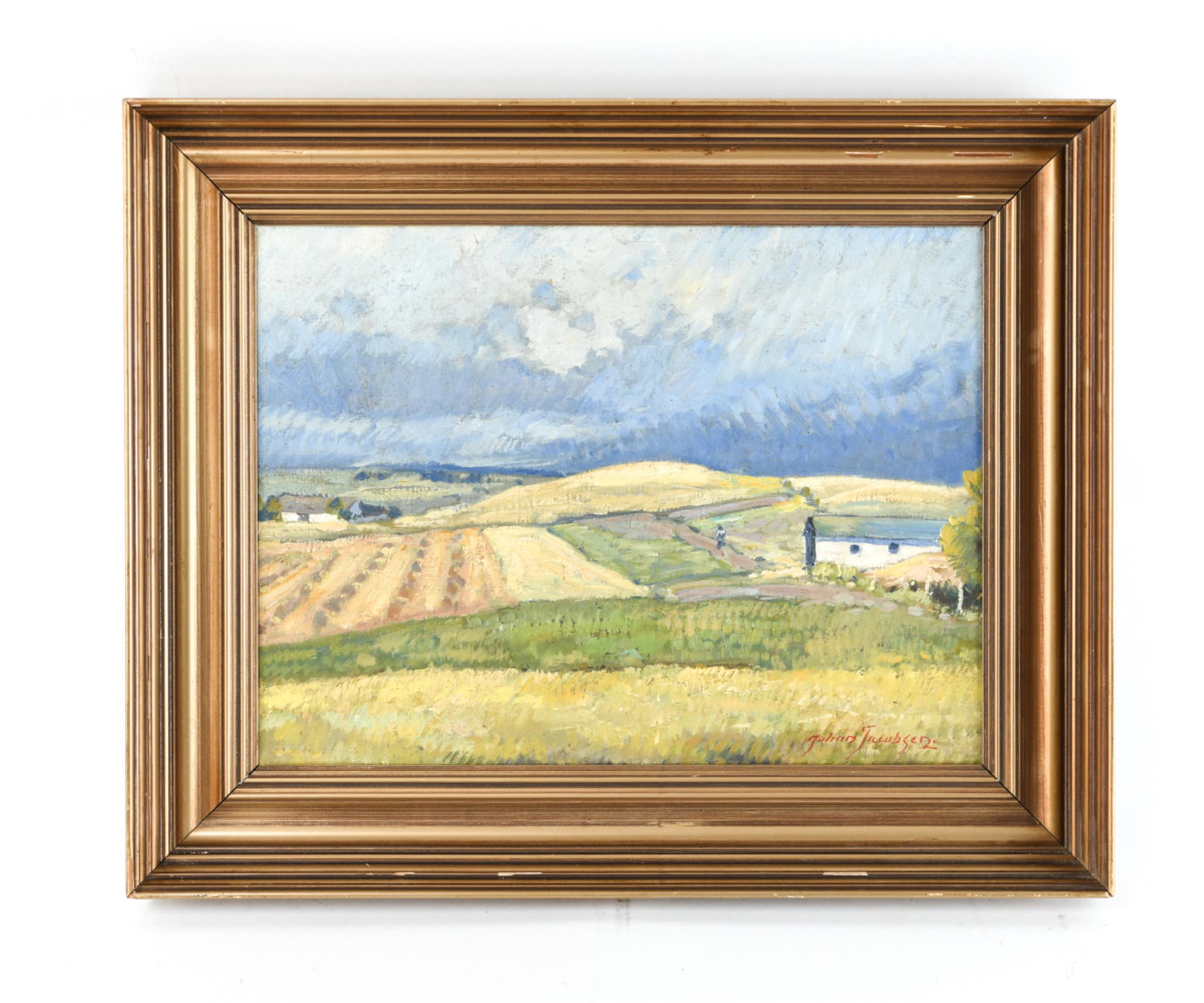 JOHAN JACOBSEN, DANISH (1883 - 1953) O/C: Signed lower right. Dimensions: (Frame) H 16.5" x W 20.5", (Sight) H 11.5" x W 15.5" Condition: Areas with early signs of crazing. Few small losses to fame. H083