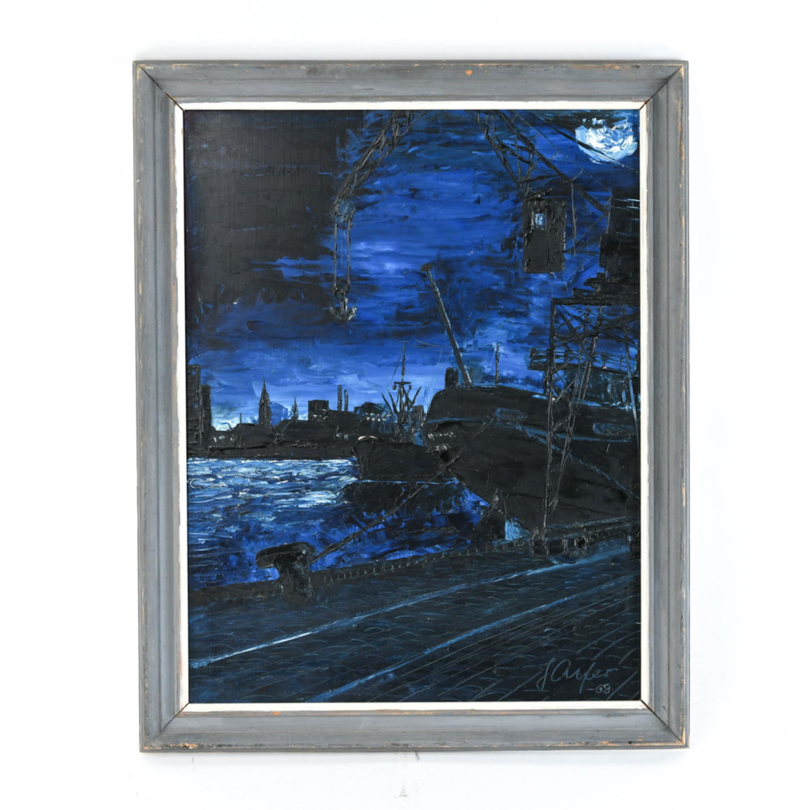 J. ALFER OIL ON MASONITE HARBOR AT NIGHT (1 of 8)