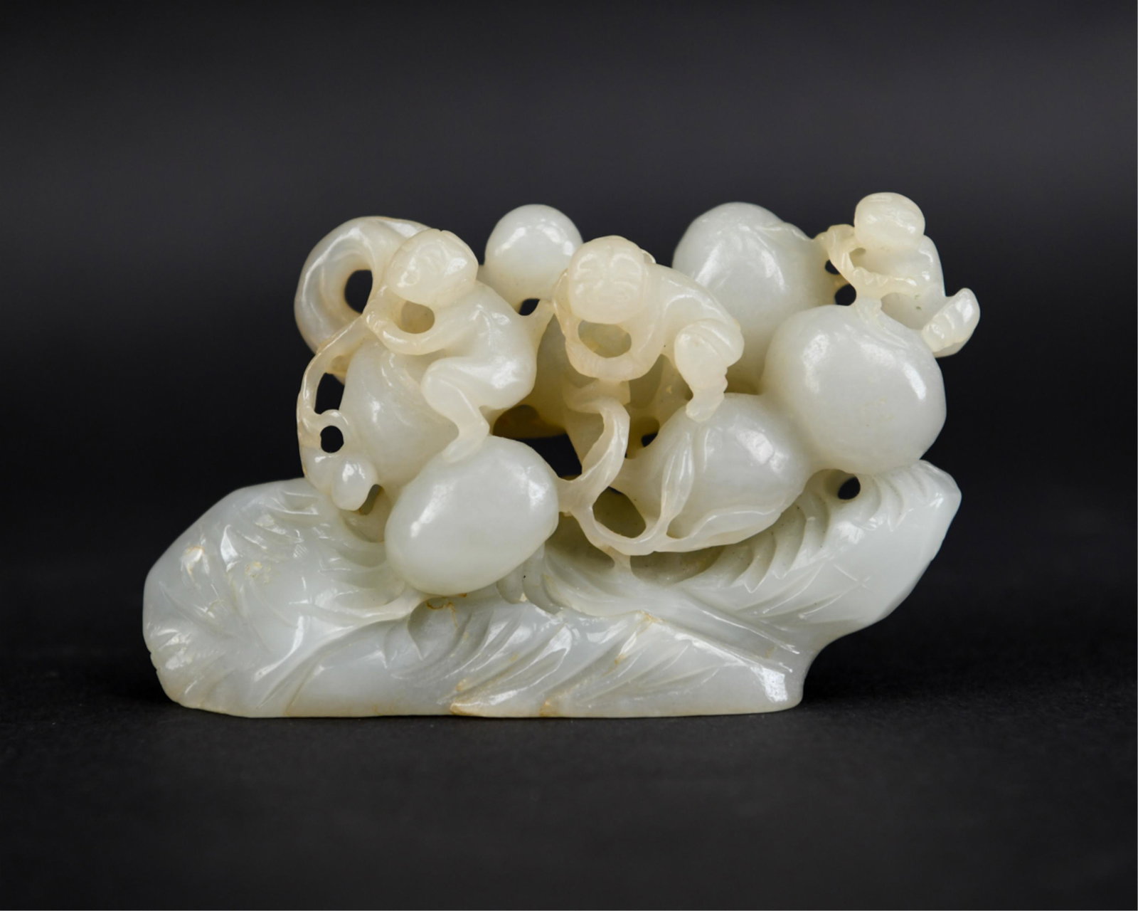 CHINESE WHITE JADE MONKIES & PEACHES: Dimensions: H 3" x W 5.25" x D 1.75" Condition: Minor natural fractures.