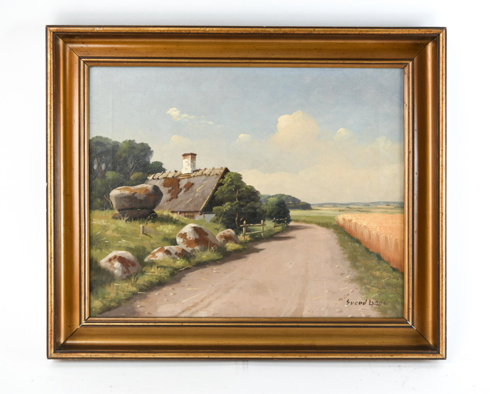 SVEND LYNGE O/C LANDSCAPE: Signed lower right. Dimensions: (Frame) H 19.75" x W 23.75", (Canvas) H 15.75" x W 19.75" Condition: Light surface dirt including a few small stray marks. Couple faint cracks to paint surface. H003