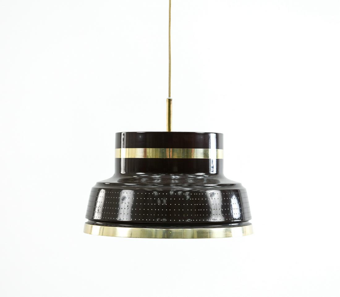 SWEDISH MID-CENTURY PENDANT LIGHT: With decal: Design. Carl Thore on upper edge of exterior shade. Dimensions: H 11" x D 13" Condition: Showing wear consistent with age and use. Areas with paint finish wear to exterior and interior inc