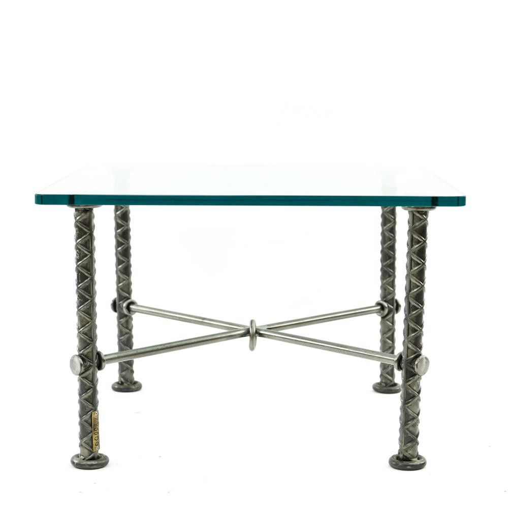SIGNED ILANA GOOR COFFEE TABLE: Dimensions: H 20" x W 30" x D 30" Condition: Small chip to edge of glass. Minor rust to base.