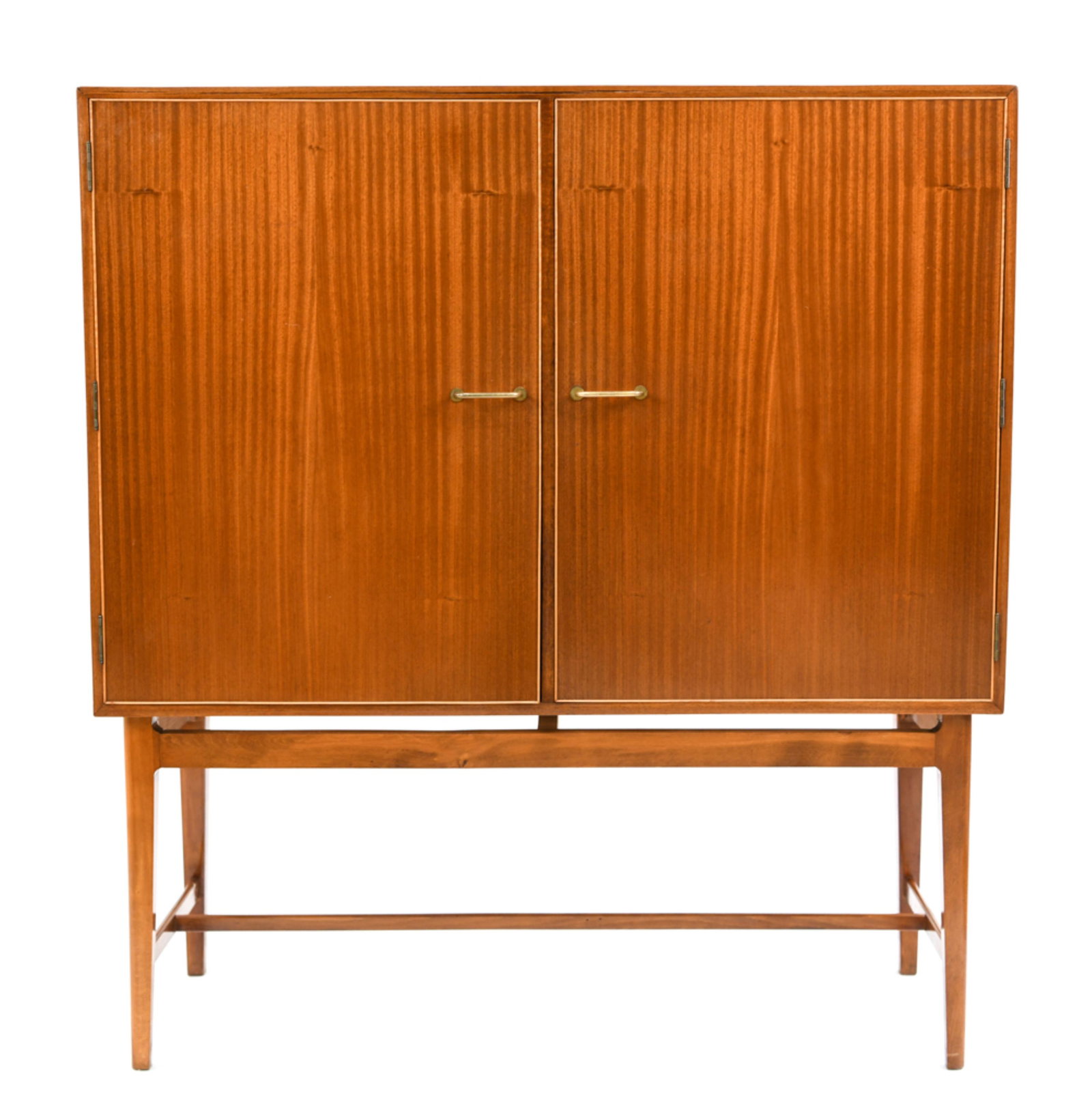 DANISH CUBAN MAHOGANY 1950S CABINET: Dimensions: H 47.25" x W 43.75" x D 16.5" Condition: Doors warped/bowed a bit and do not sit perfectly flush when closed. Small nicks and scratches. General wear from age and use. H206