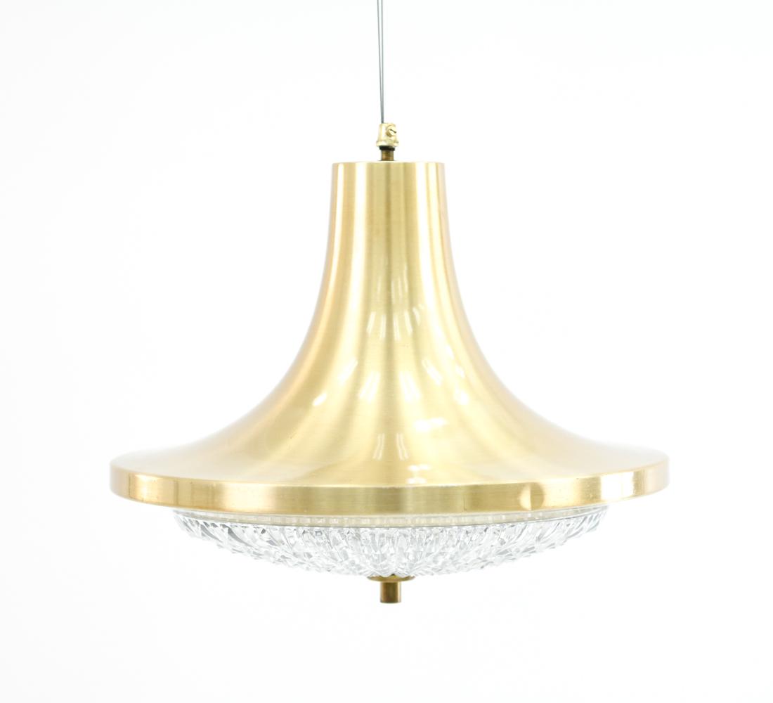 LYFA ORREFORS PENDANT LIGHT: Dimensions: H 13" x Dia. 14.5" Condition: May need rewiring. Showing overall light signs of age and use including some surface wear. H127