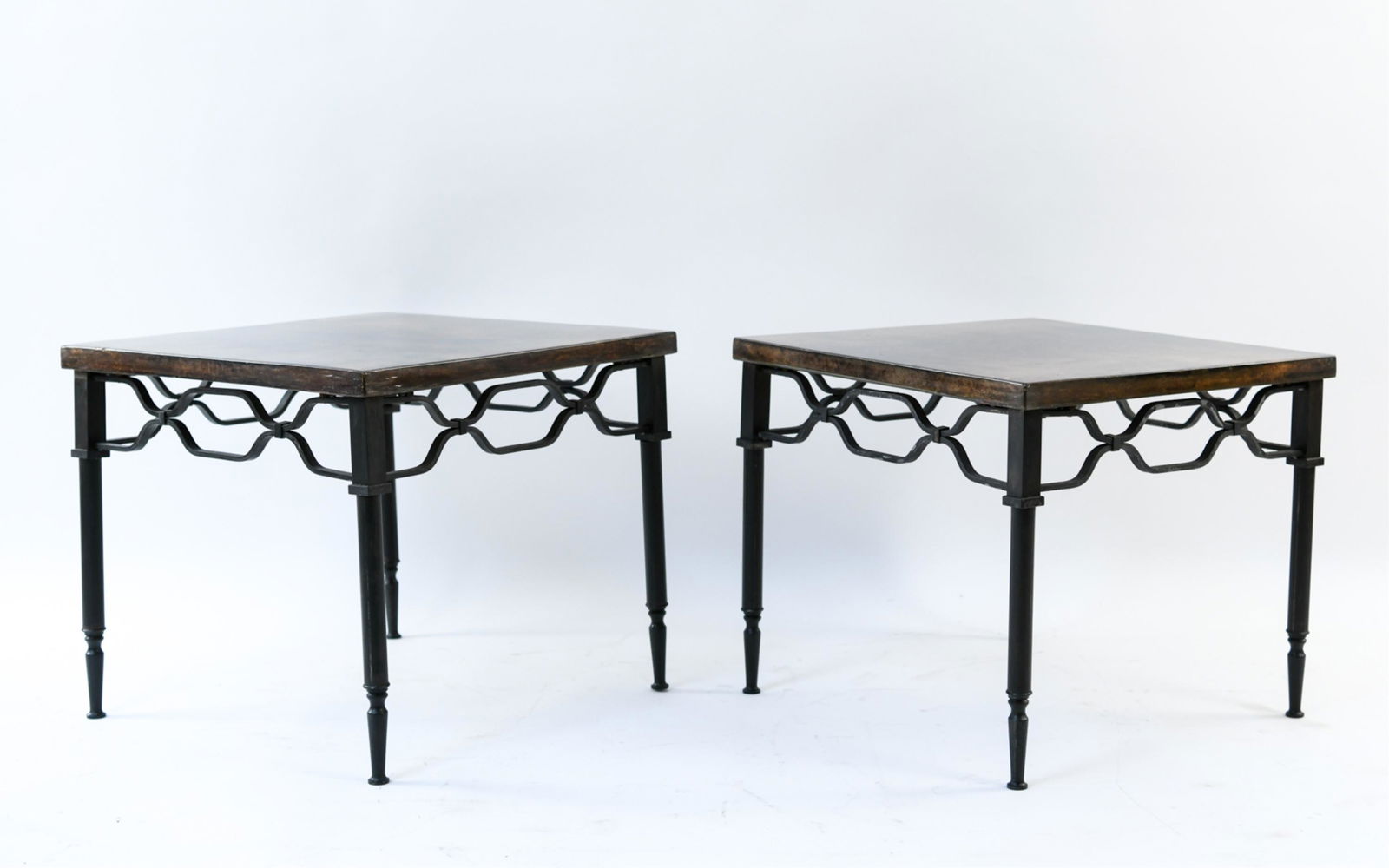 PAIR OF ALDO TURA LACQUERED GOATSKIN SIDE TABLES: Dimensions: H 17.25" x W 20" x D 20" Condition: Slightly loose joints. Some chips to edges of tops. Wear consistent with age and use. Nicks and dings.