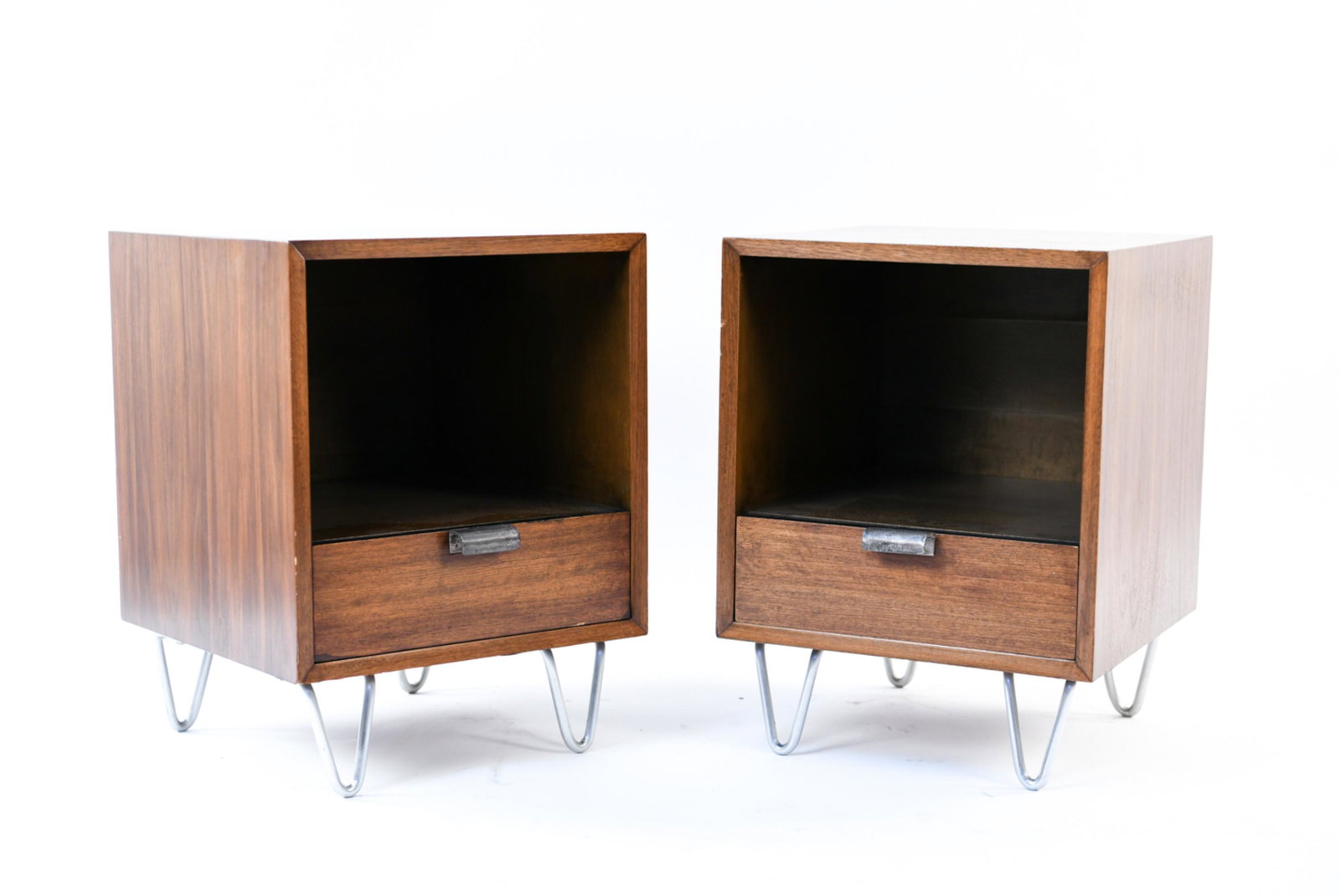 PAIR OF GEORGE NELSON HERMAN MILLER SIDE TABLES: With Herman Miller tag inside drawer and on back. Dimensions: H 24" x W 18" x D 19.5" Condition: Few dings to edges. Overall light wear, replaced legs.
