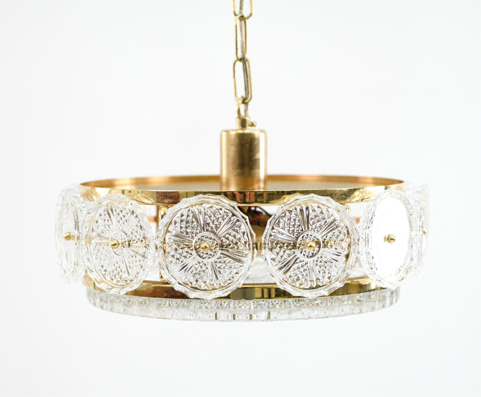 ORREFORS BRASS AND GLASS PENDANT CHANDELIER: Dimensions: H 7" x D 14" Condition: Showing overall light wear consistent with age and use. H099