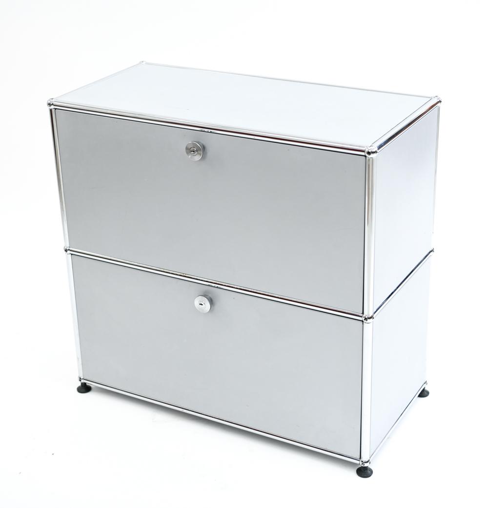 USM HALLER STORAGE CABINET: Labeled; USM/Haller Dimension: H 29.25" x W 30.25" x D 14.5" Condition: Keys inside. Minor nicks and scratches. Wear appropriate for age and use. H171