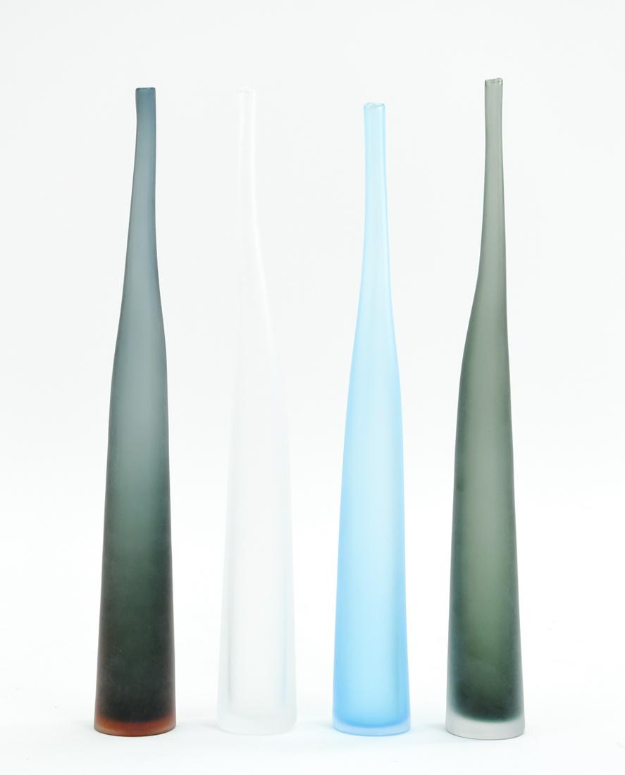 (4) LAURA DE SANTILLANA BAMBU VASES: Frosted glass, signed and numbered under, with Arcade label. Dimensions: H 22" x Dia: 2.5" Condition: No issues to note