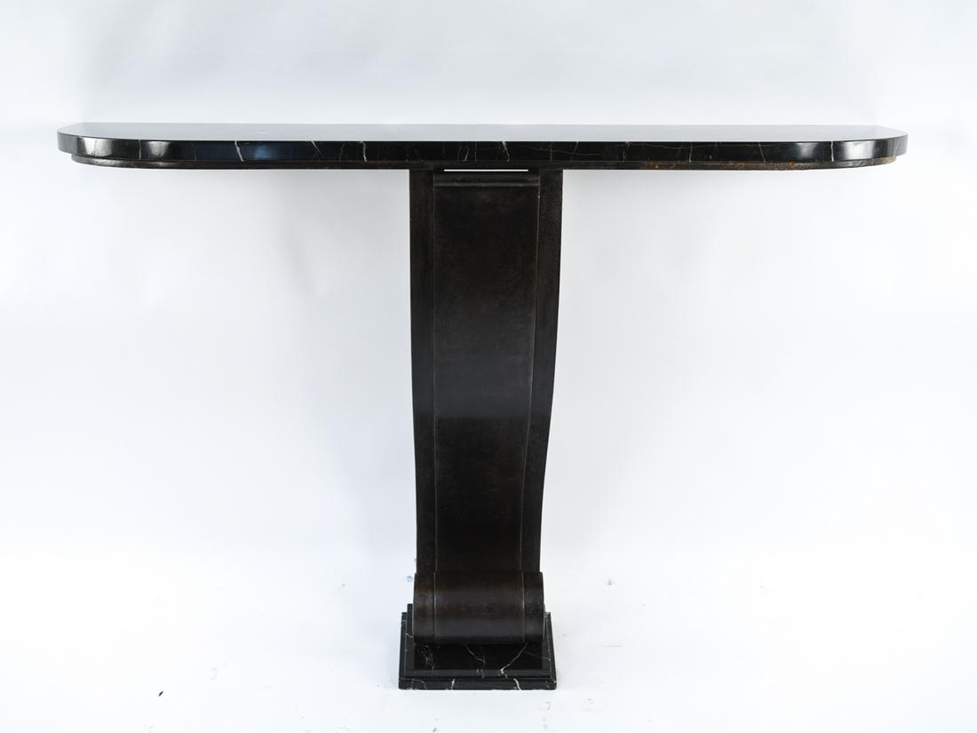 RAYMOND SUBES IRON & MARBLE CONSOLE TABLE: French, Ca. 1935. originally Purchased for $18,000. Dimensions: H 36" x W 51.5" x D 14" Condition: Chip to left side of marble top including some surface scratches.