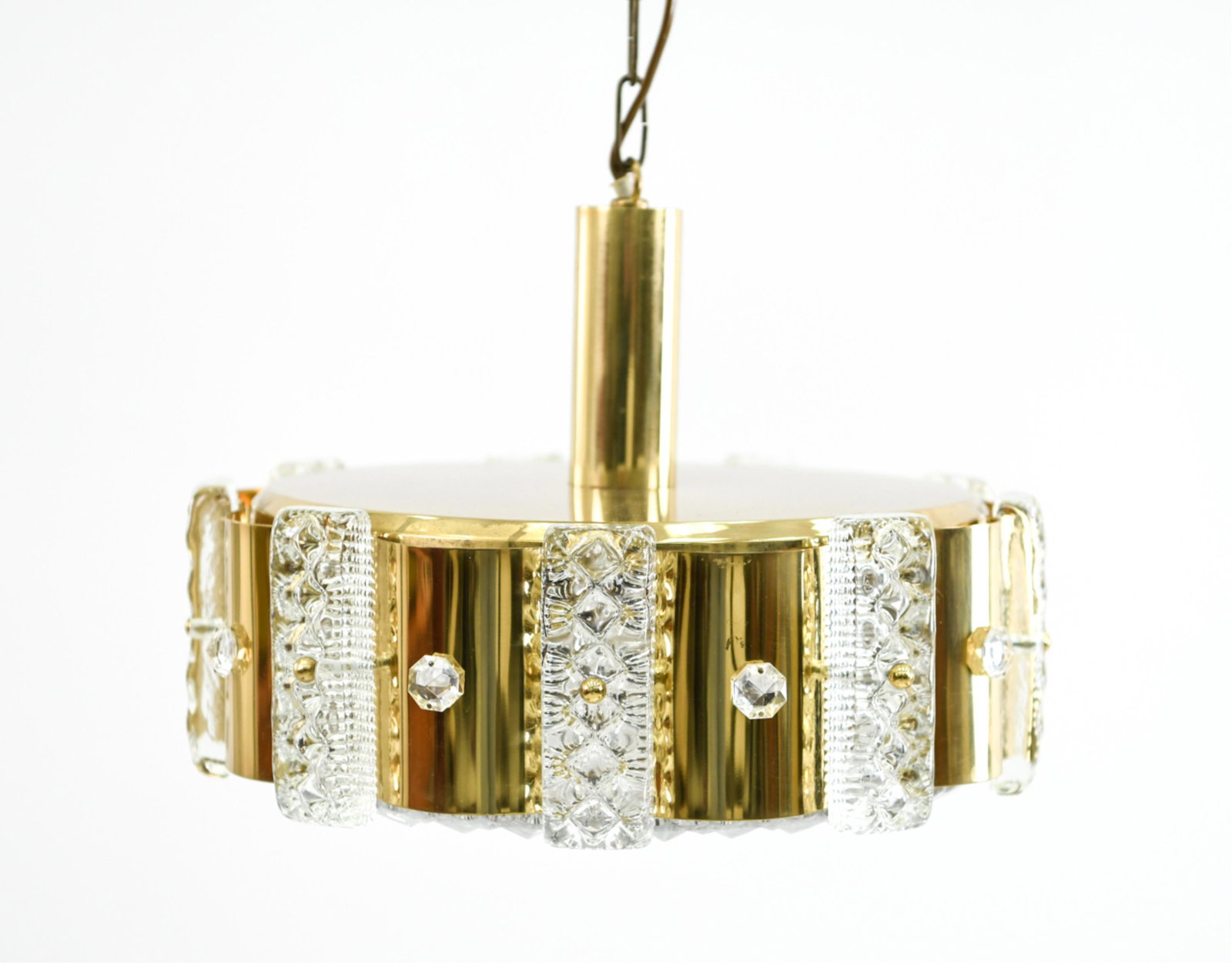 CARL FAGERLUND ORREFORS BRASS & GLASS CHANDELIER: Dimensions: H 10" x D 14" Condition: Showing light finish wear to brass including a couple scratches. H098