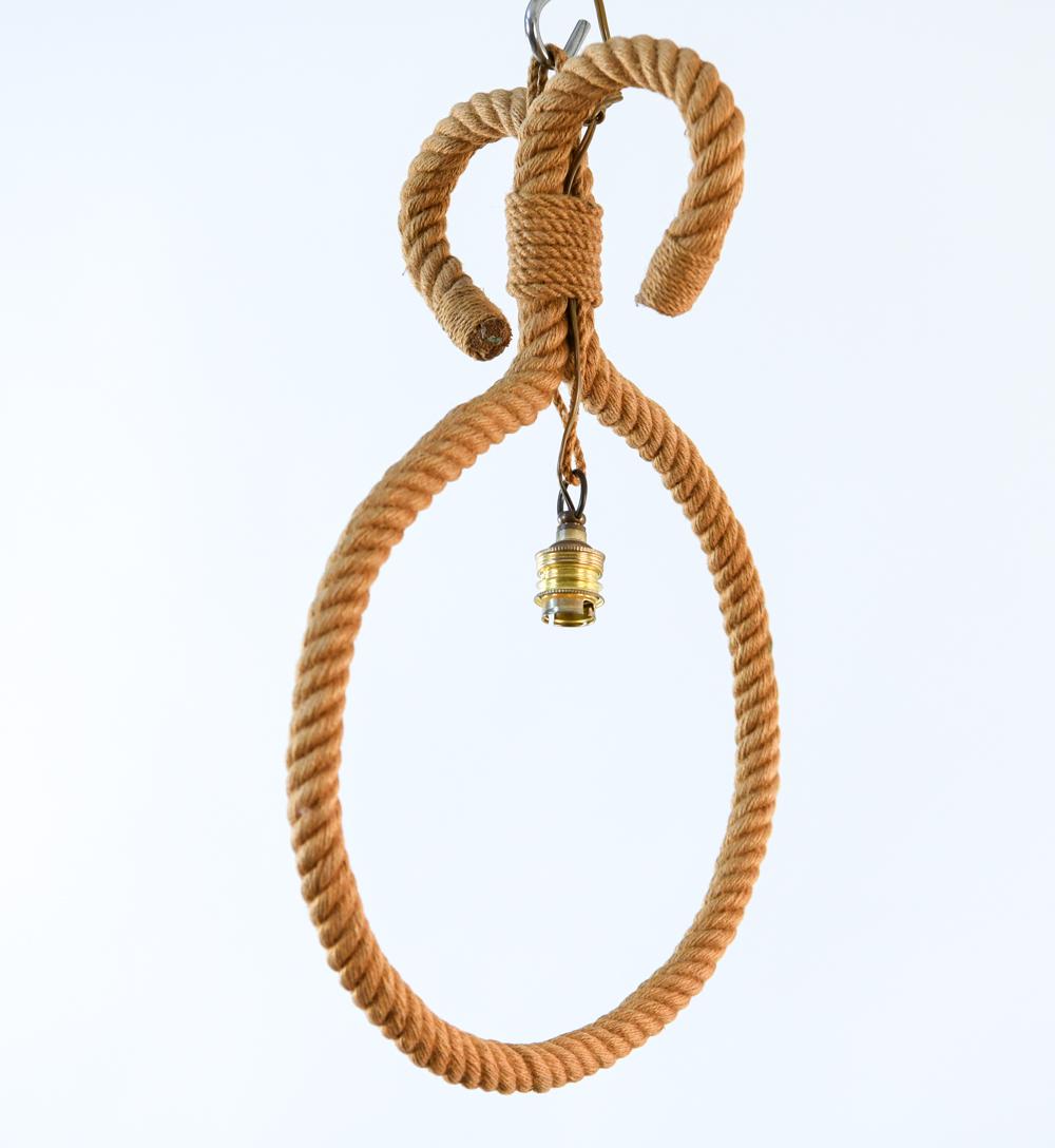 FRENCH ATTR. AUDOUX MINET ROPE PENDANT CHANDELIER: Dimensions: H 18" x W 13" x D 8.5" Condition: Some discoloration to rope. May be in need of rewiring.