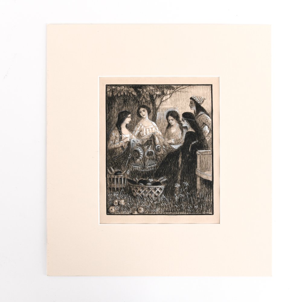 PRE-RAPHAELITE / SYMBOLIST DRAWING, SIGNED: Black and white chalk / conte. Signed James Mabey? Inscribed lower edge "Le Cinq - a York." Dimensions: (Paper) H 11.75" x W 9" Condition: Age toned.