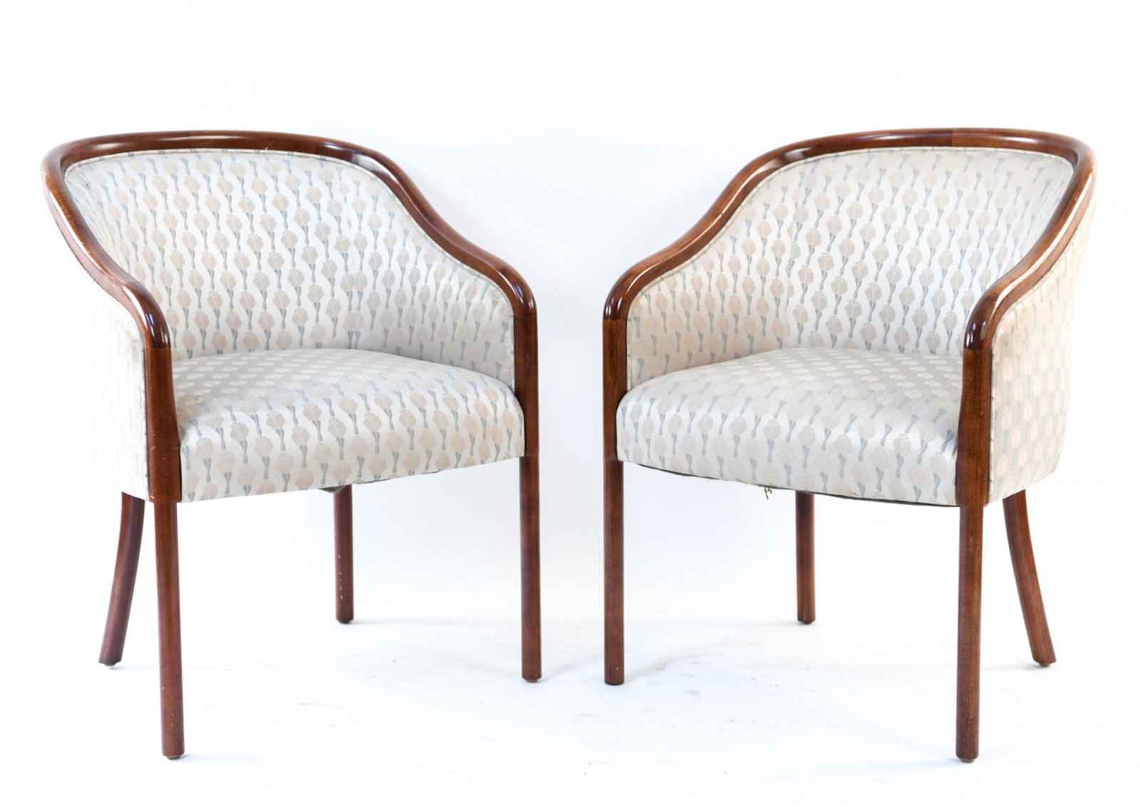 PAIR OF WARD BENNETT STYLE ARMCHAIRS: Dimensions: H 32.5" x W 23.5" x D 24.5" S.H 19" Condition: Tear to upholstery on top of back rest. Very small scratches to frame.