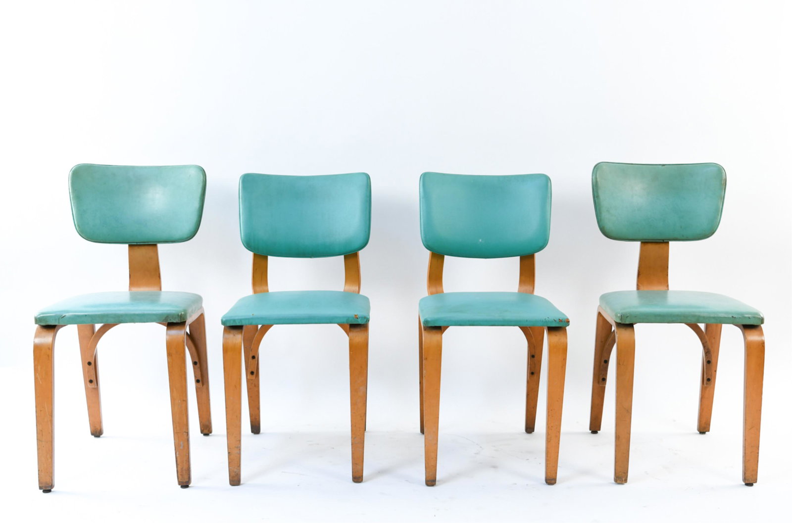 (4) THONET BENTWOOD CHAIRS: Marked under seat. Dimensions: H 31" x W 15.25" x D 17.5" x SH 17.5" Condition: Showing wear consistent with age and use. Dings, rubs, and marks. Wear and soiling to upholstery.