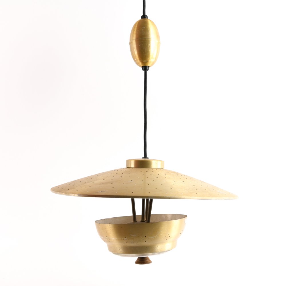 GERALD THURSTON FOR LIGHTOLIER CEILING LAMP: Dimensions: H 30" x W 21.25" x D 21.25" Condition: Untested. Scratches, minor dents and tarnishing to metal fixture with some finish losses. Dust on fixture and remnants of drywall putty in a few area