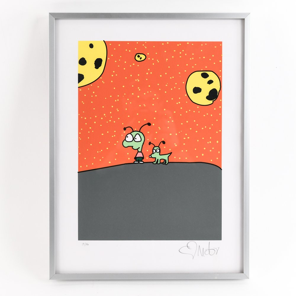 SILKSCREEN PRINT BY RECORDING ARTIST MOBY: Pencil signed Moby. Numbered 19/50. Dimensions: (Frame) H 20.25" x W 15.25", (Image) H 15" x W 11" Condition: Clean.