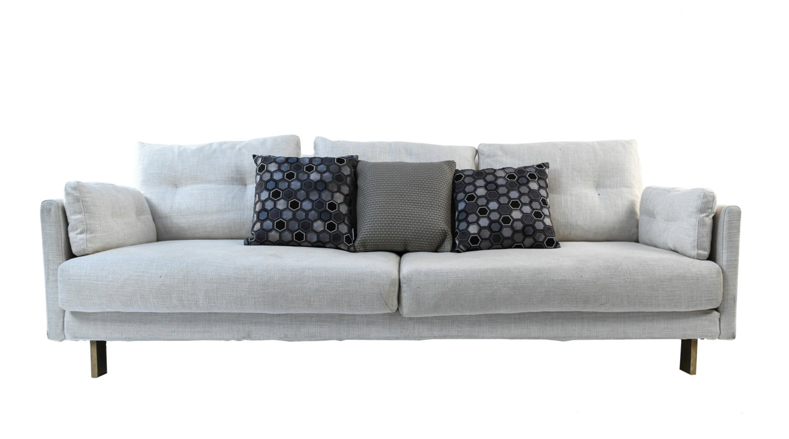 JONATHAN ADLER SOFA: Dimensions: H 30" x W 83" x D 38" S.H. 14" Condition: Modest staining and soils to upholstery.