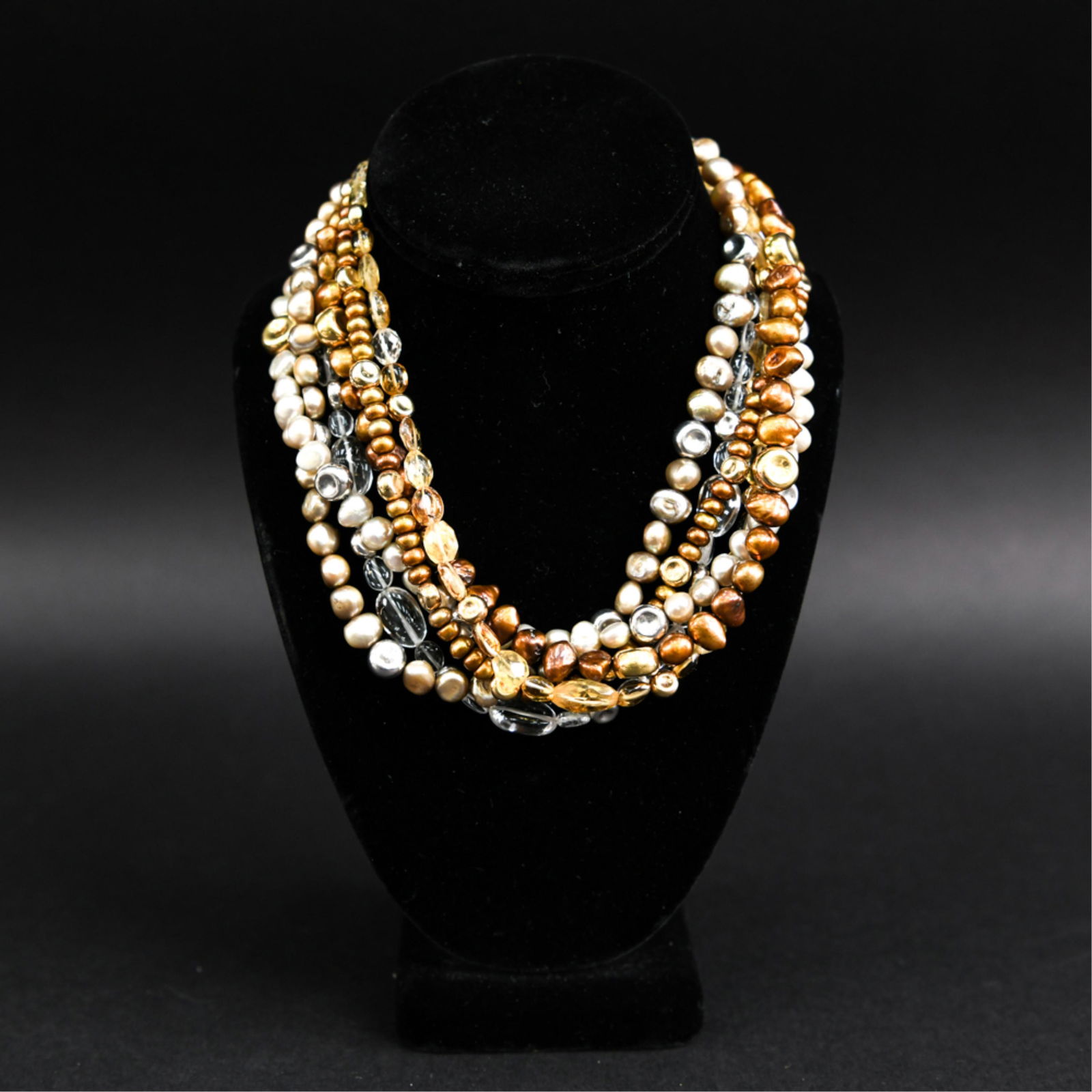 ROBERT LEE MORRIS 18K GOLD MULTISTRAND NECKLACE: Heavy 18k yellow gold clasp and beads with pearls and citrine stones. Dimensions: L 18.5" Condition: Showing light signs of use.