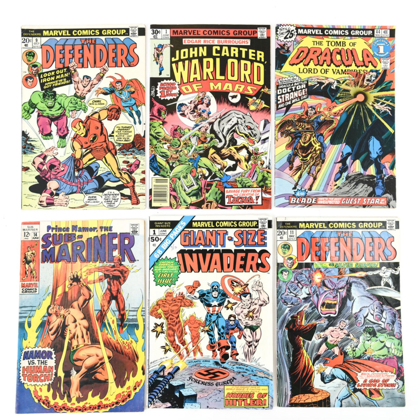GROUPING OF VINTAGE MARVEL COMICS: Includes 5 titles: (2) The Defenders, Giant-Size Invaders, Prince Namor, The Sub-Mariner, The Tomb of Dracula, and John Carter, Warlord of Mars. Dimensions: (Single issue) H 10.25" x W 6.75" Condition