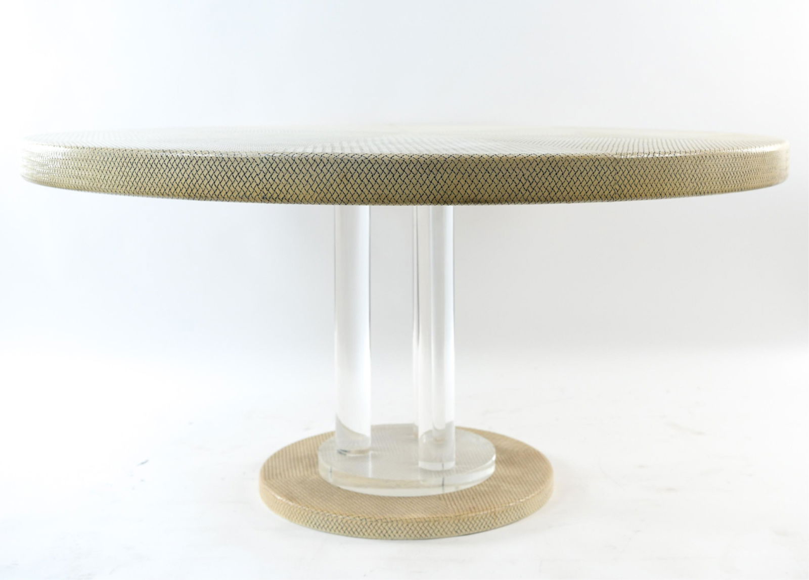 EMBOSSED LEATHER & LUCITE PEDESTAL DINING TABLE (1 of 14)