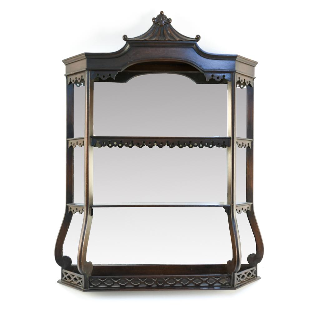 CHINESE CHIPPENDALE STYLE MIRRORED BACK WALL SHELF (1 of 8)