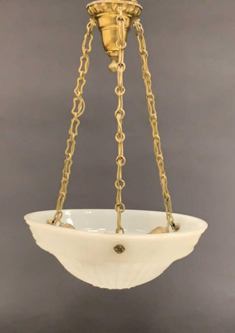 ART DECO MILK GLASS HANGING PENDANT CHANDELIER: Dimensions: H 7.5" x D 16.5" Condition: Surface dirt, rubs, and some marks. Few small chips to edge.