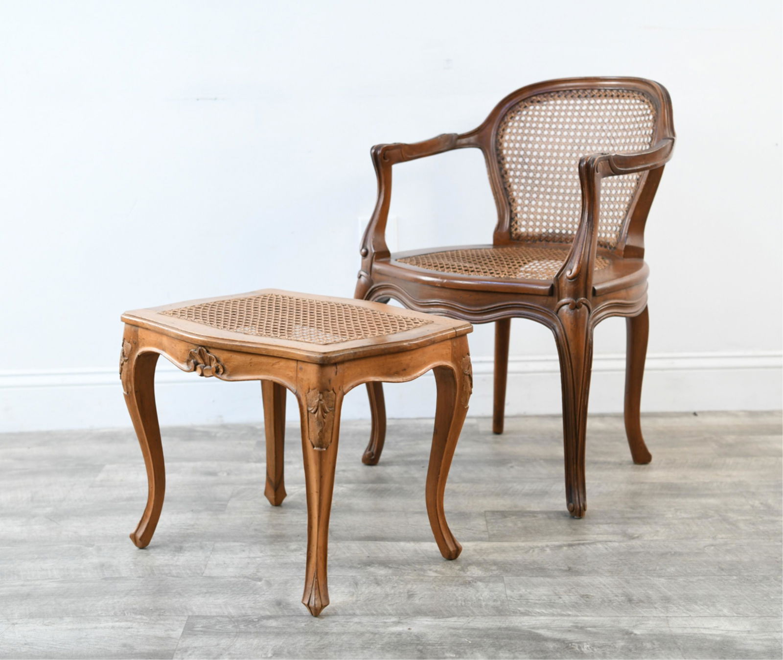 FRENCH STYLE CANED CHAIR & OTTOMAN (1 of 16)