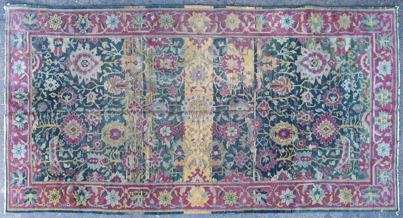 ANTIQUE INDIAN AGRA RUG: Dimensions: L 139.5" x W 71.5" Condition: Some fraying to edges, losses, fading, repairs.