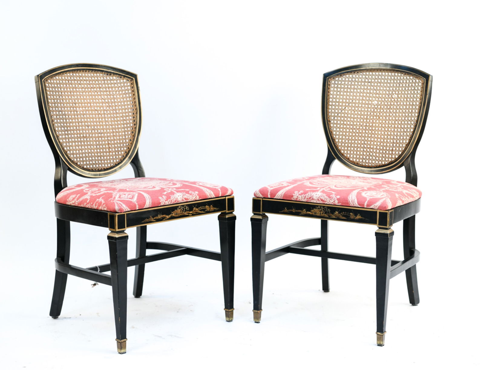 PAIR OF CANED SHEILD BACK SIDE CHAIRS: Dimensions: H 34.5" x W 19.25" x D 19.5" x SH 18.5" Condition: Minor nicks, scratches and some losses to finish. Small breaks to caning.