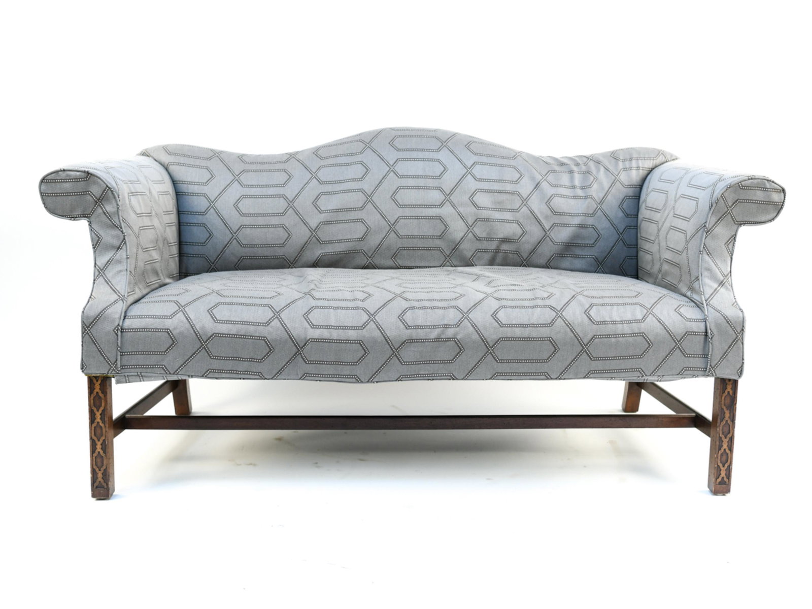 CAMMELBACK SOFA: With slip cover. Includes extra fabric. Dimensions: H 33" x W 67" x D 30" x SH 18" Condition: Some chips and losses to legs. Some stains to slip cover.