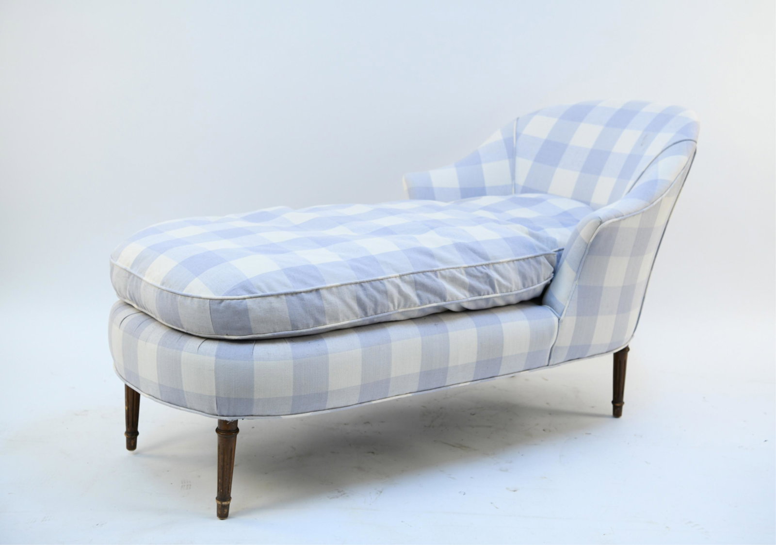 CHAISE LOUNGE: Dimensions: H 32" x W 60" x D 30" x SH 21" Condition: Wear consistent with age and use including scratches and nicks to wood legs and some upholstery soiling.