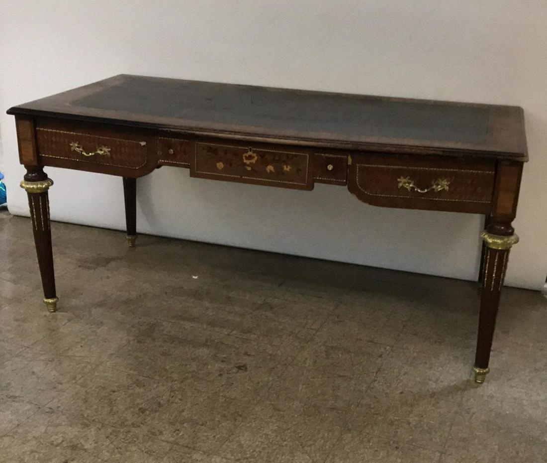 19TH C. FRENCH INLAID & ORMOLU DESK: Dimensions: H 33" x W 72" x D 36.5" Condition: Finish wear, scuffs and scratches. Losses to desk surface and showing antique wear consistent with age and use.