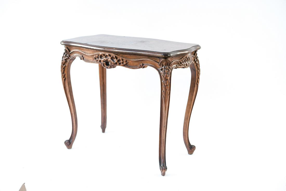 FRENCH STYLE SIDE TABLE: Dimensions: H 22" x W 25.25" x D 15.5" Condition: Showing signs of age and use including scratches, dents, finish loss.