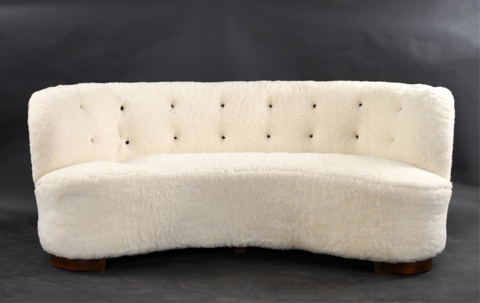 LAMBSWOOL DANISH BANANA SOFA SLAGELSE MOBELVAERK: In lamb's wool. Dimensions: H 29" x W 74" x D 40" x SH 16" Condition: Newly upholstered in lamb's wool. Wear consistent with age and use. E073