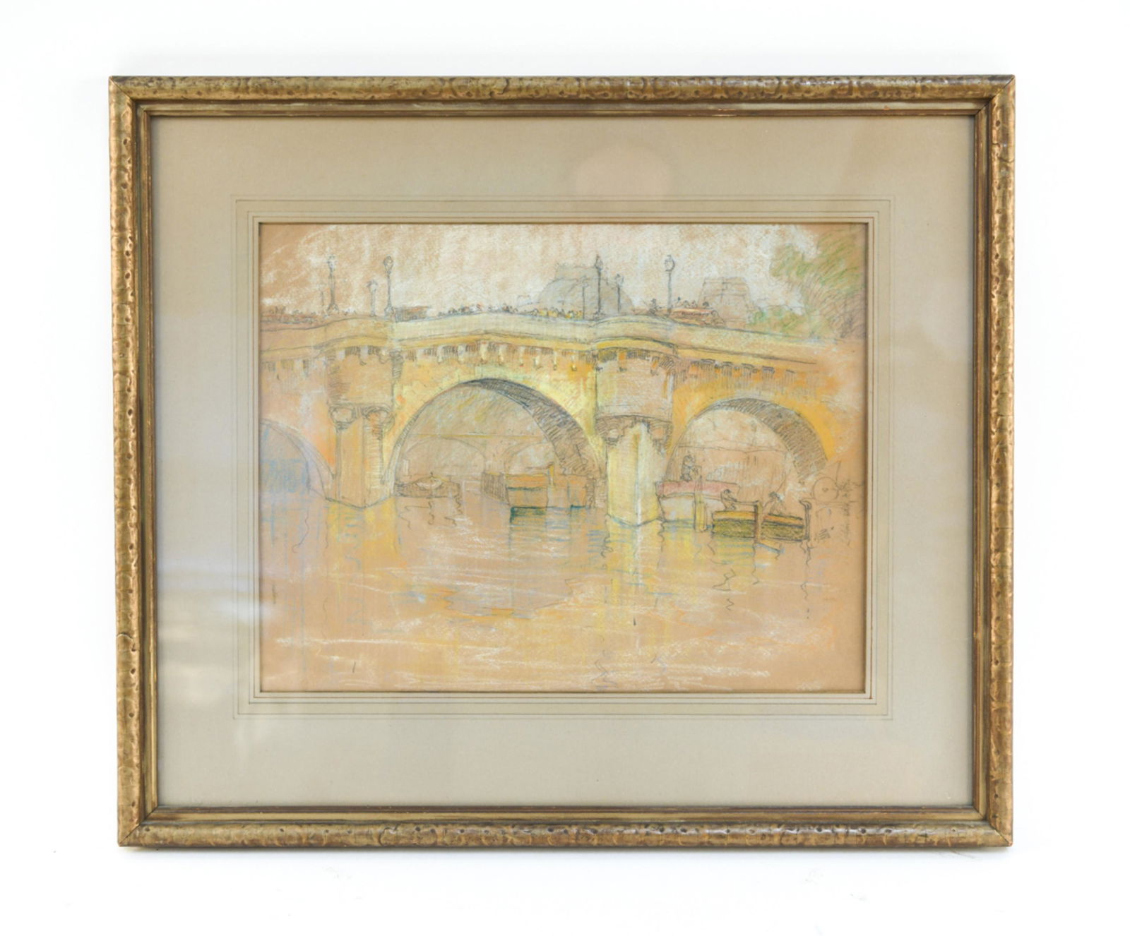 LOUIS ORR (AMERICAN 1876-1966) PASTEL: Label verso attributing to Louis Orr, "Pont Neuf," medium of pastel, and with dedication from 1916. Inscription to back top edge of frame. Dimensions: (Frame) H 19.75" x W 23", (Sight) H 12" x W 15.25