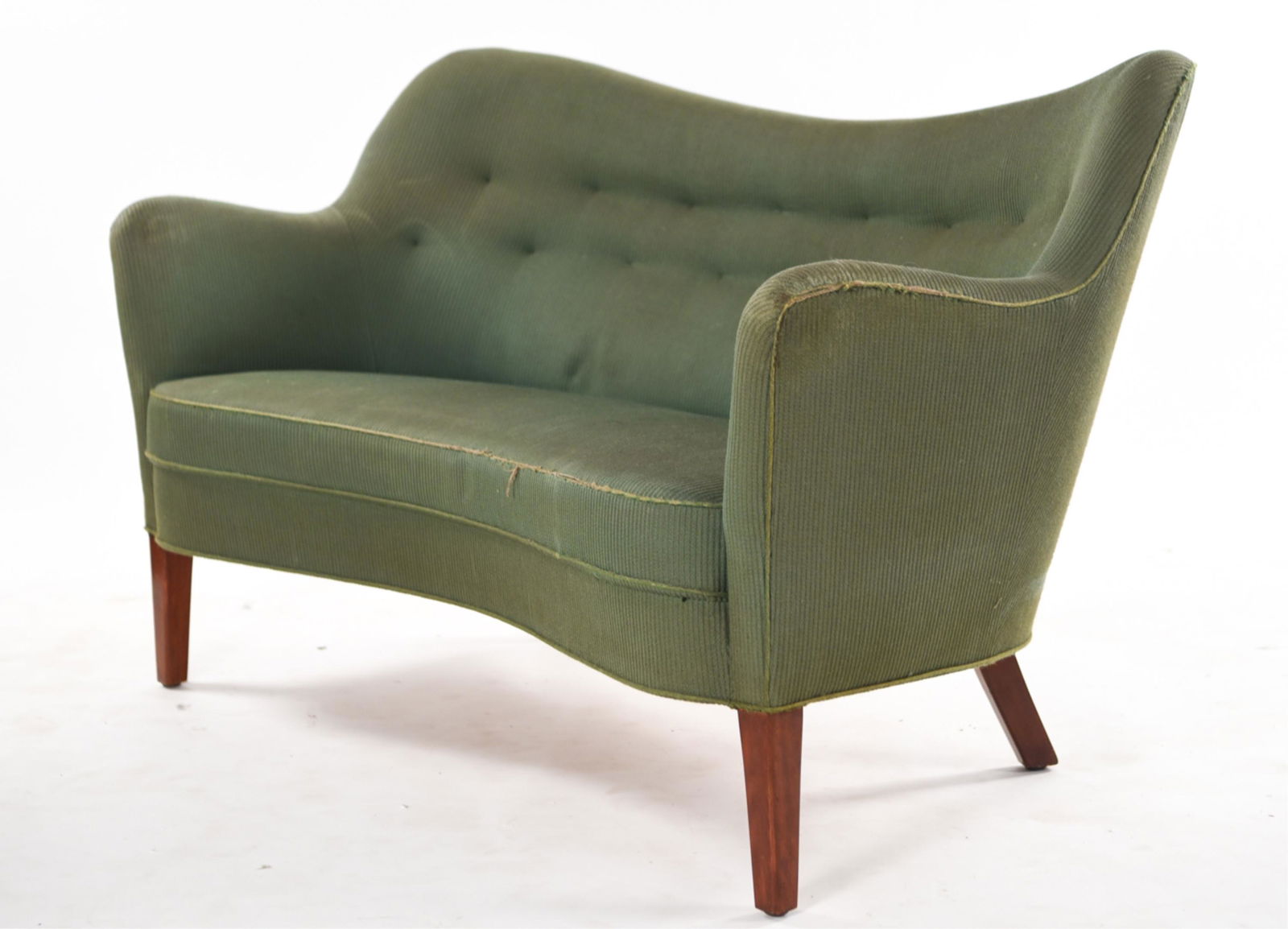 SLAGELSE MOBELVAERK MODEL 185 DANISH SOFA: Mid-century. Dimensions: H 34" x W 55" x D 30" x SH 17" Condition: Soiling throughout, repairs to seams. Wear consistent with age and use. Minor losses. Minor fading. E079