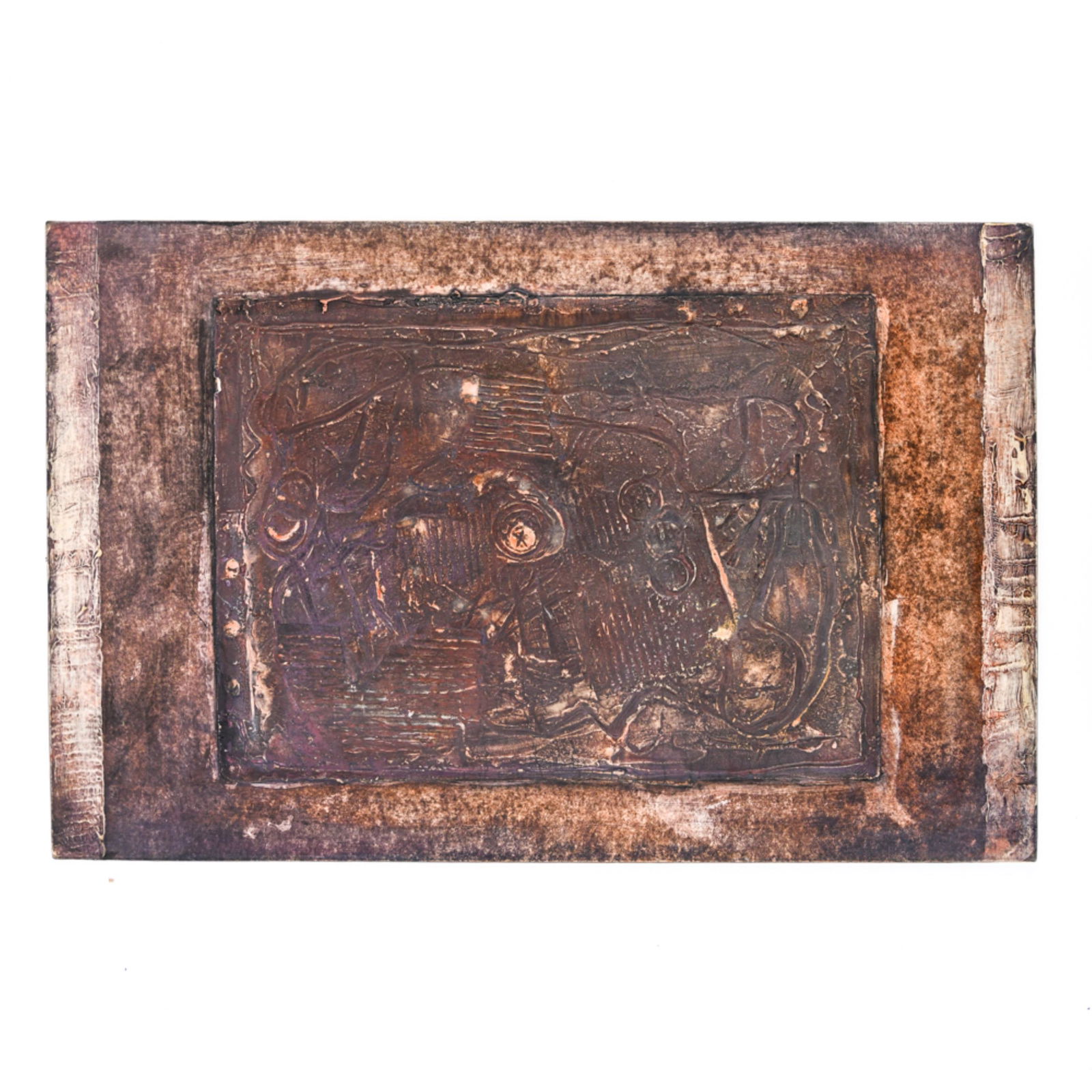 MID CENTURY MIXED MEDIA ABSTRACT SIGNED VERSO: Mixed media with collage and gesso / sand build up. Circa 1950's - 1960's. Signed verso. Dimensions: H 16.75" x W 11" Condition: Small loss to collage. Spots verso where removed from mounting..