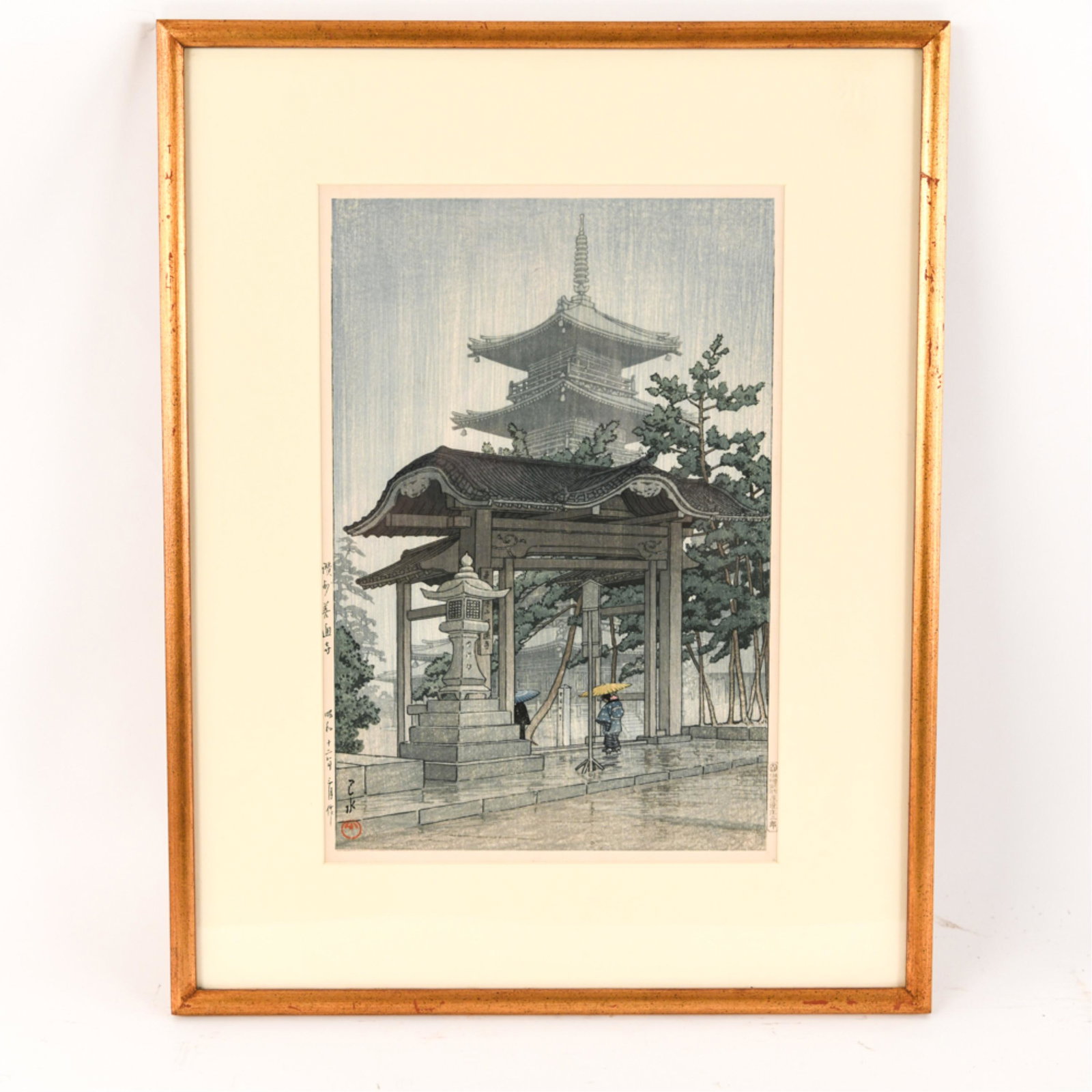 KAWASE HASUI (1883 - 1957) ZENTSUJI TIMPLE IN RAIN: Original color woodblock print. Dimensions: (Frame) H 21.5"x W 17", (Sight) H 14.75" x W 10" Condition: No issues to note.