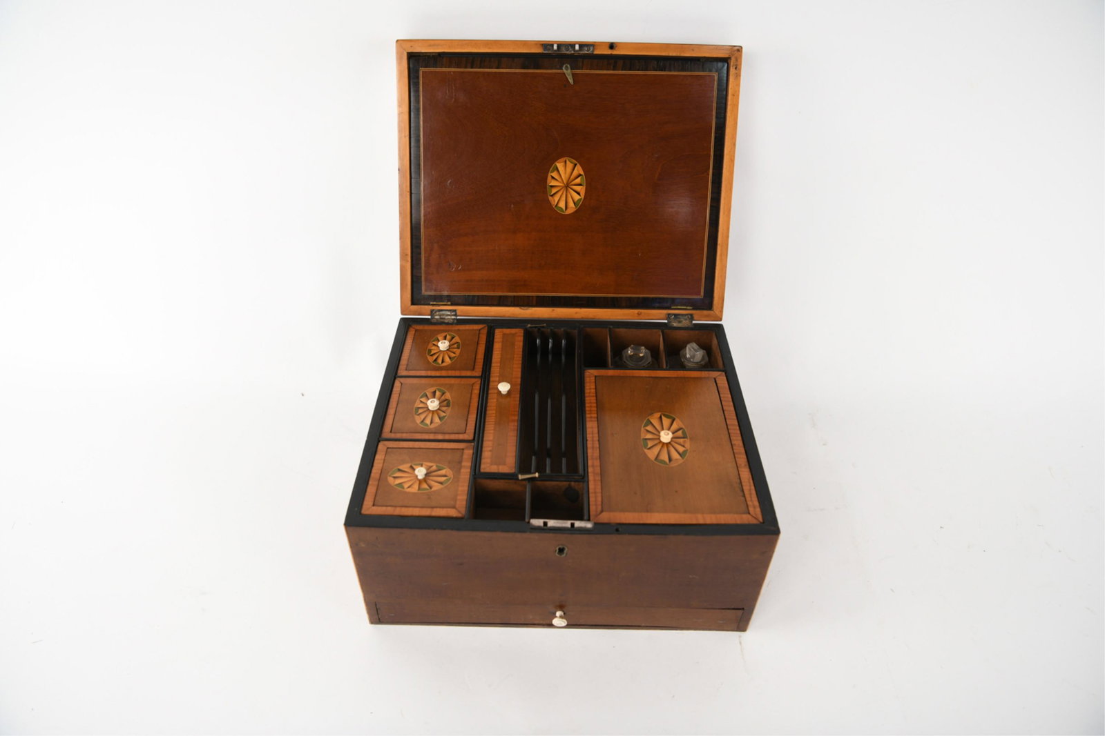 19TH C. INLAID TRAVEL CASE DRESSING VANITY ETC.: Dimensions: H 7.5" x W 13.75" x D 11.25" Condition: Bottom drawer front slightly warped, sticks. Nicks, dings, and scratches to outside of case, small splits to veneer. Internally clean.