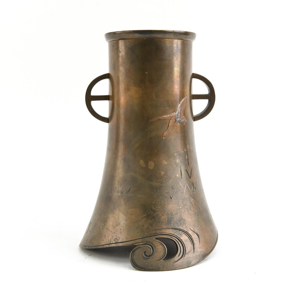 JAPANESE MEIJI PERIOD MIXED METAL BRONZE: Apparently unsigned. Dimensions: H 10.25" x D 6.75" Condition: Showing handling wear including a few rubs. Couple small dings to base edge.