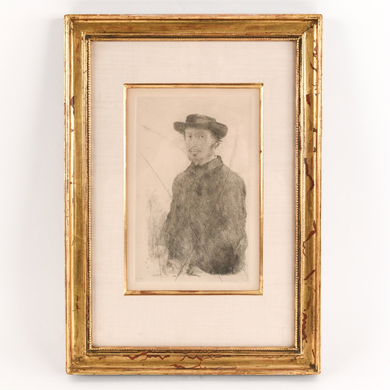 EDGAR DEGAS SELF PORTRAIT 1857 CANCELLED PLATE: Apparently unsigned. Posthumous cancelled plate printing. Etching and drypoint. Published posthumously. Dimensions: (Frame) H 17.25" x W 12", (Sight) H 10" x W 6.5" Condition: Toning to paper.