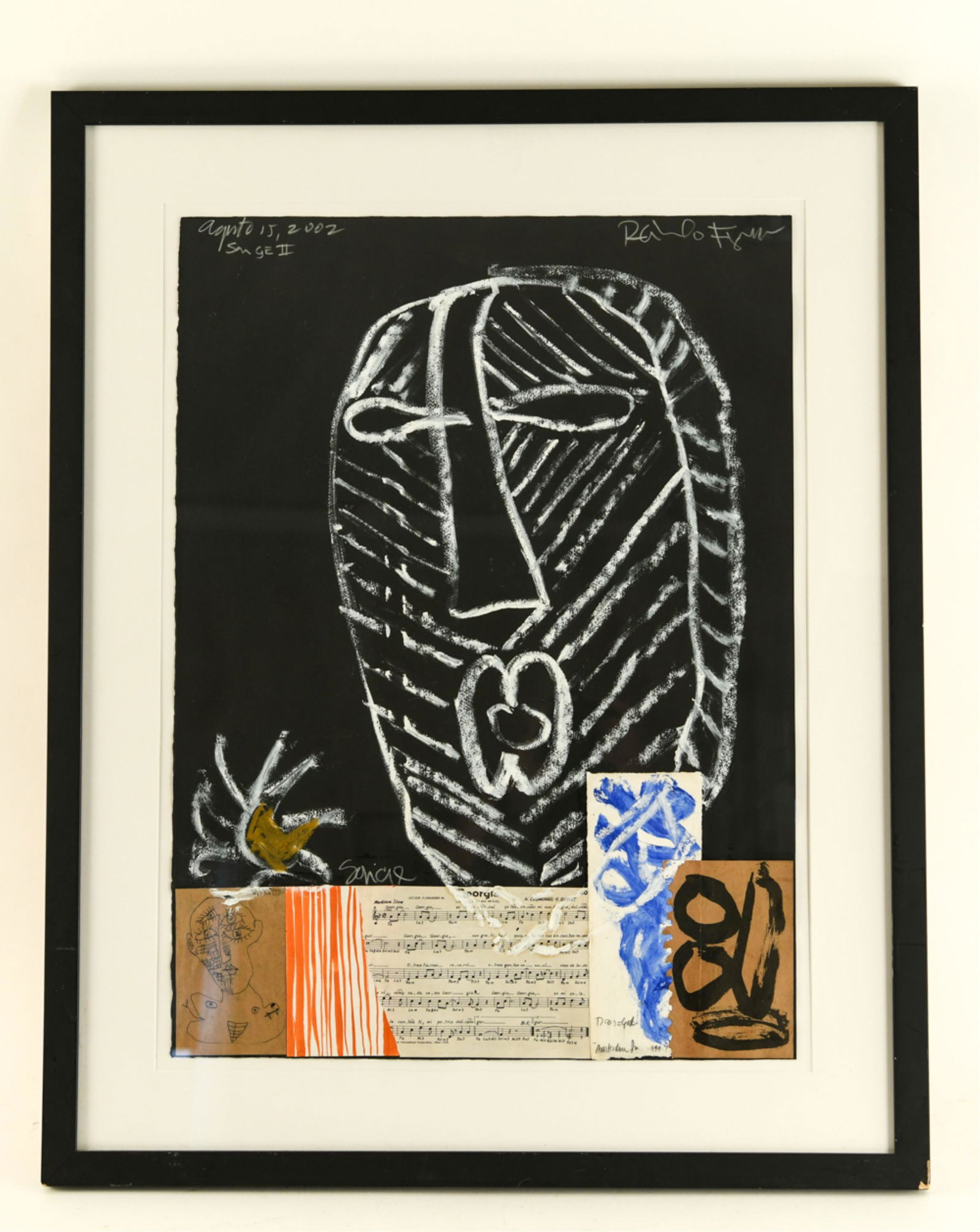 RAIMUNDO FIGUEROA, PUERTO RICAN (B 1957) MIXED: Mixed media with collage. Signed, dated 2002, titled "Songe II." Dimensions: (Frame) H 39.5" x W 31.5" (Paper) H 30" x W 22" Condition: Float mounted. Farme with edge nicks.