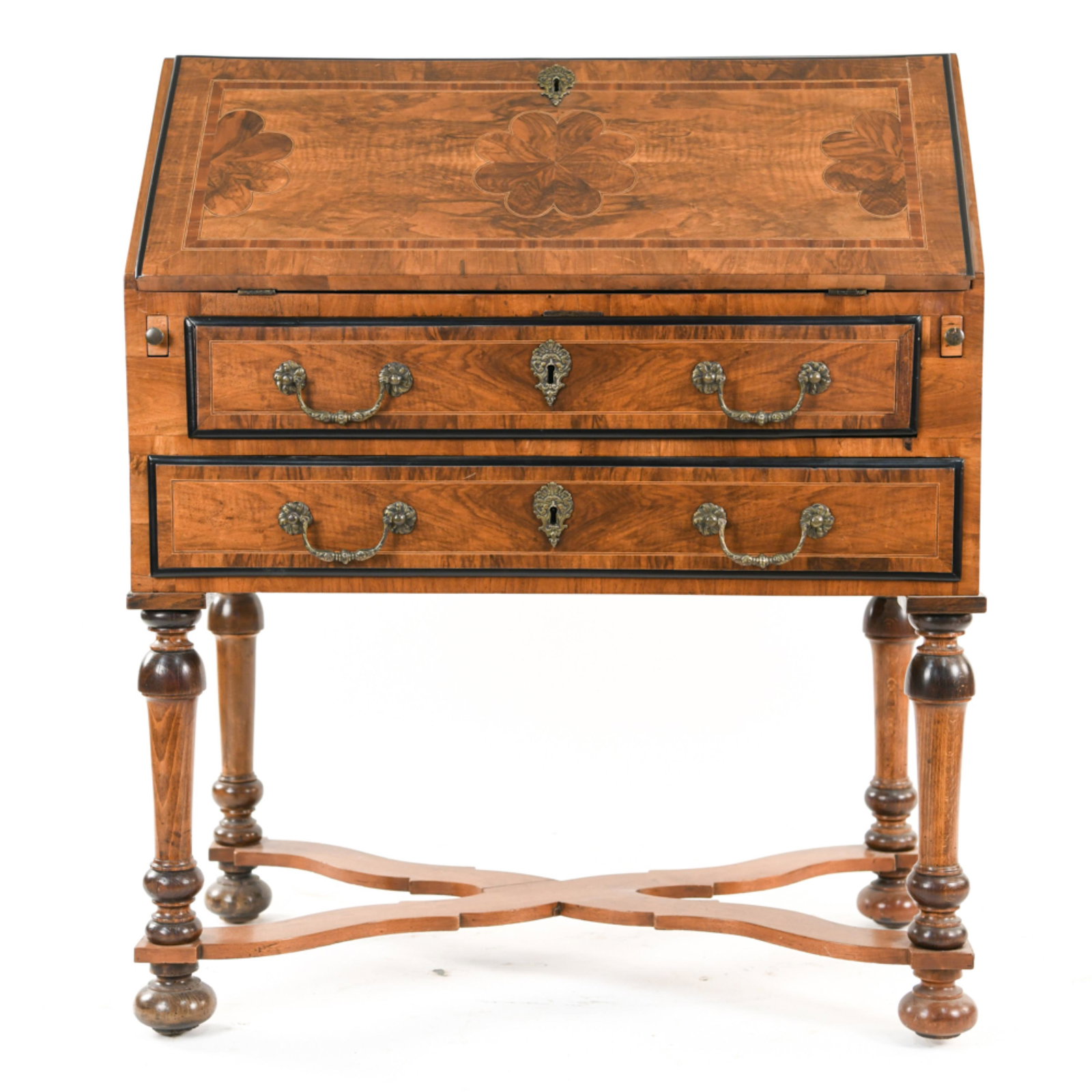 19TH C. INLAID MAHOGANY SECRETARY ON STAND: Glued to associated stand. Elaborate hardware. Banded inlay. Dimensions: H 41.5" x 35.5" x D 20" Condition: Back replaced. Base glued. Some surface wear.