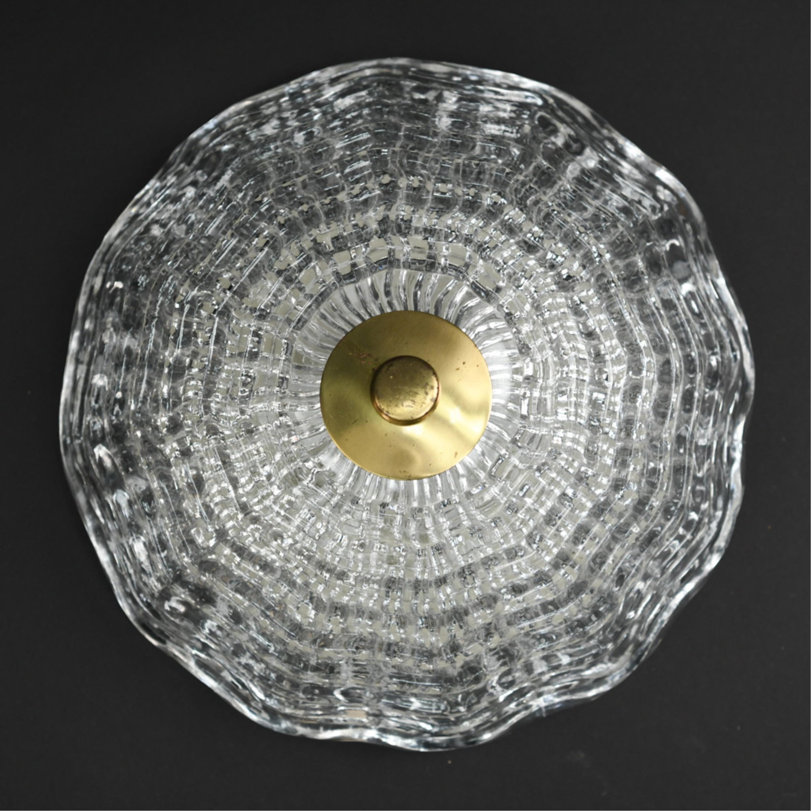 CARL FAGERLUND FOR ORREFORS PENDANT CHANDELIER: Dimensions: H 6.5" x D 14.5" Condition: Showing light signs of use including light finish wear to brass elements. H122